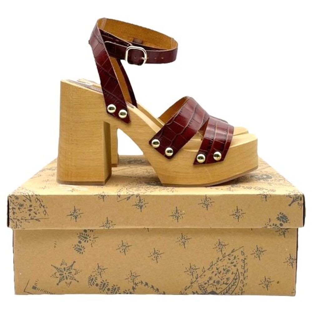 NWT Free People Mallory Brown Leather Clog Platform Ankle Wrap Sandal Size 8 NEW - Picture 13 of 16
